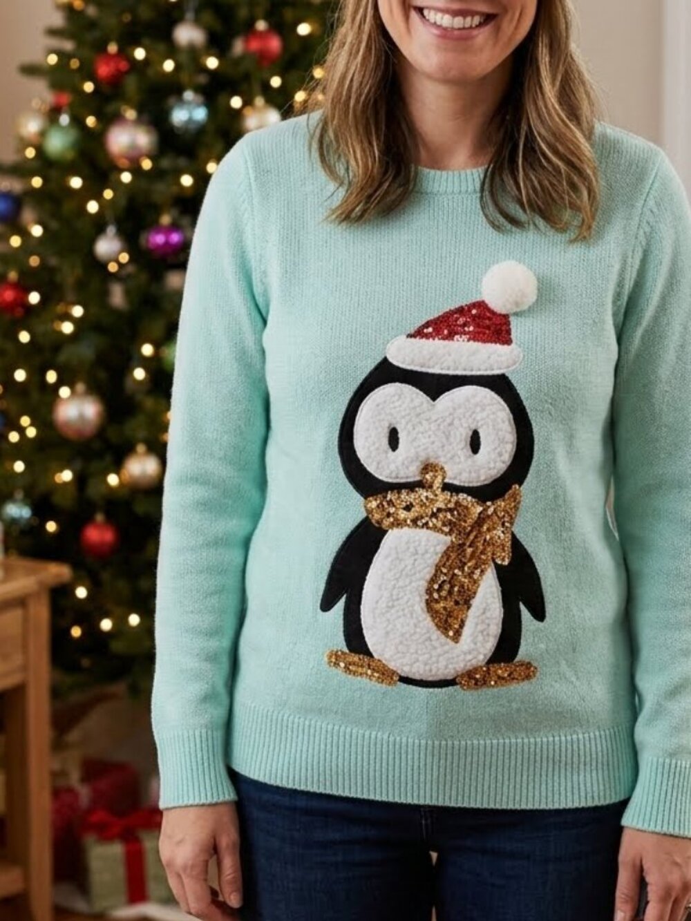 George Women's Mint Green Penguin Sequin Ugly Christmas Sweater Size SP
